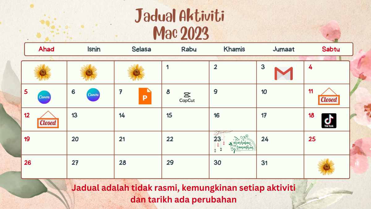 Jadual Aktiviti Mac 2023