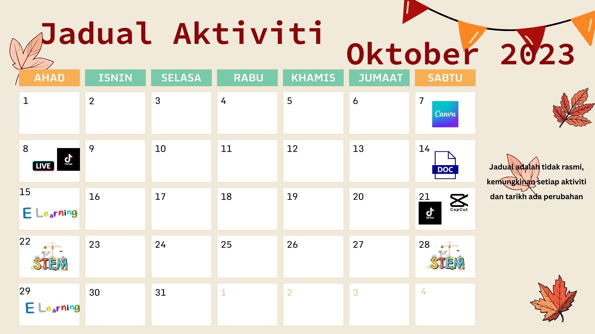 Jadual Aktiviti Oktober 2023